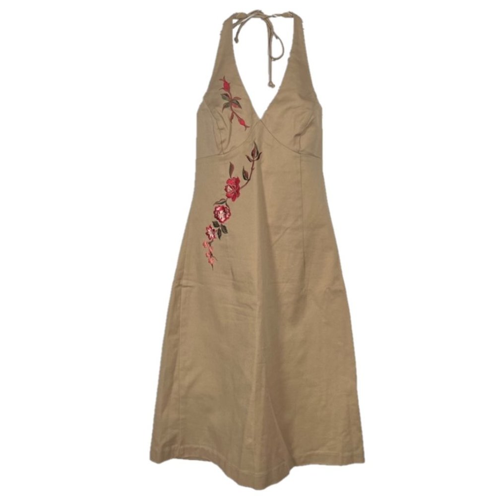Devan Heavyweight Tan Halter Dress with Embroidered Flowers Size 4